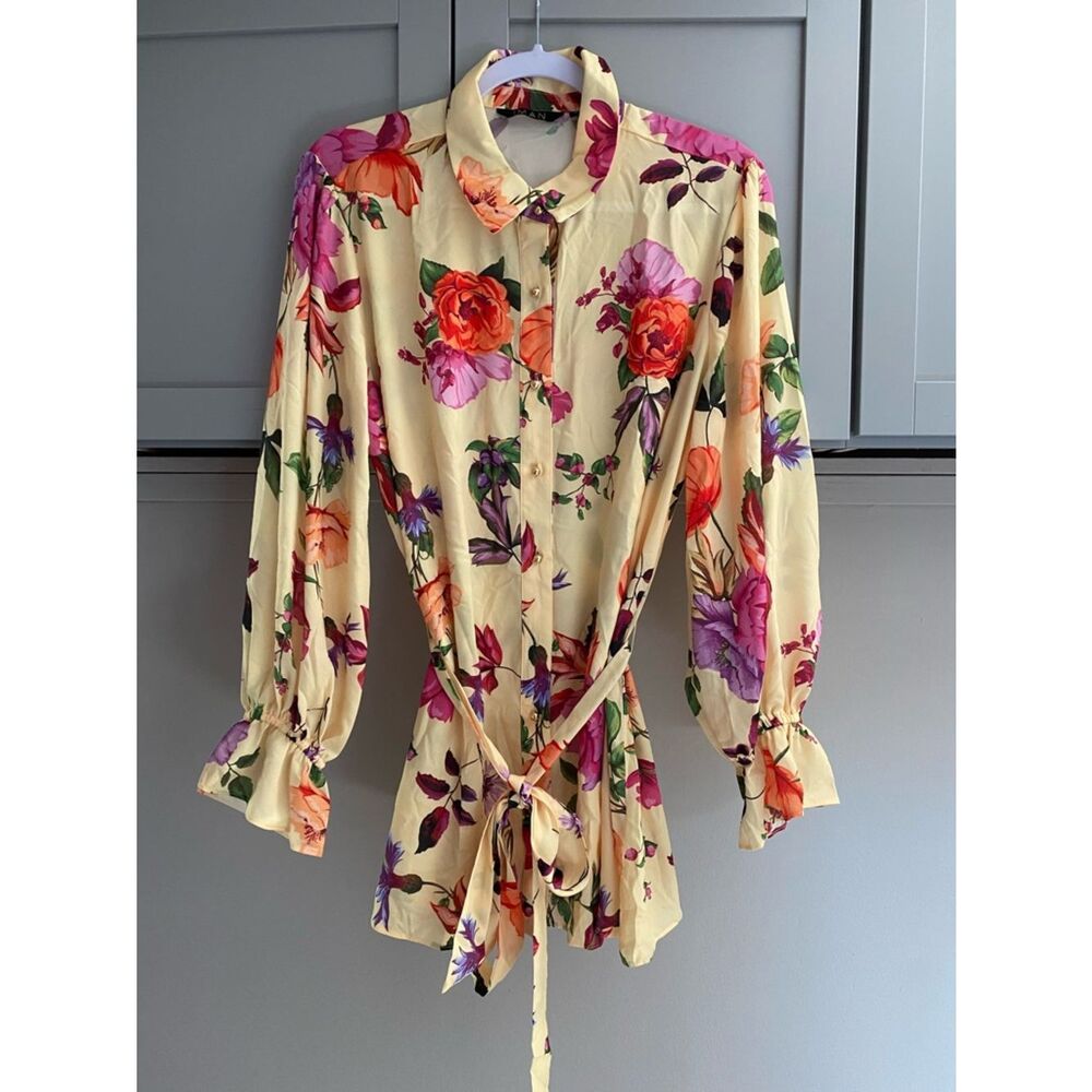 IMAN Yellow Floral Blouse with Pink & Orange Accents